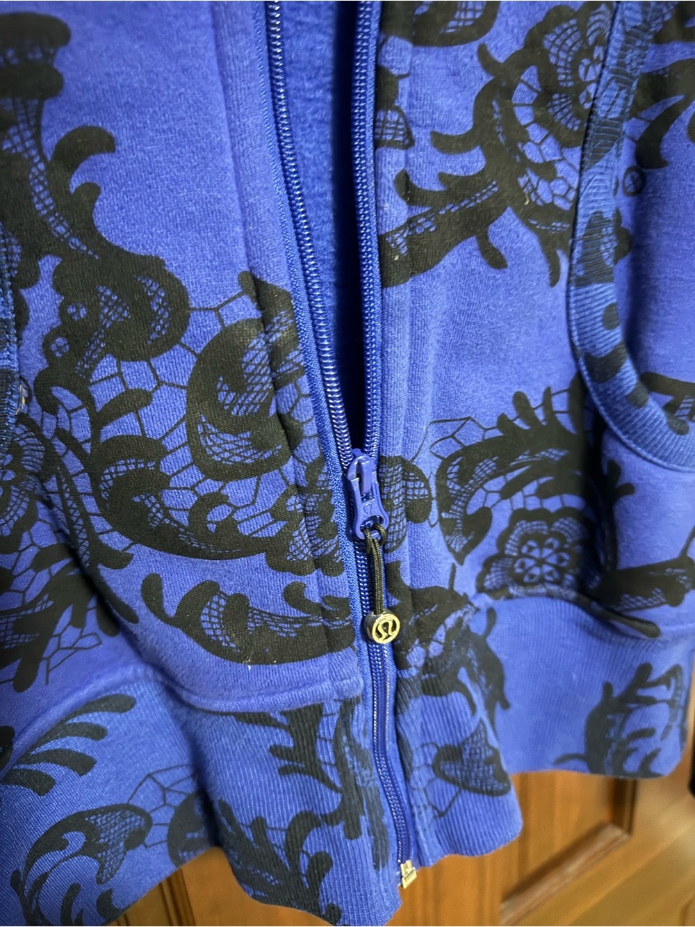 lululemon athletica Blue Floral Zip Hoodie with Black Print
